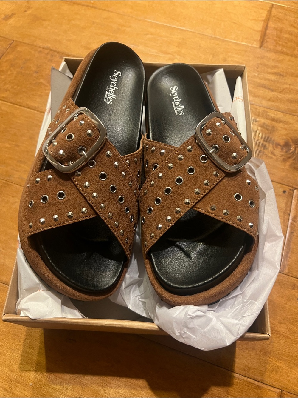 Seychelles Tan Suede Crisscross Slide Sandals with Silver Studs